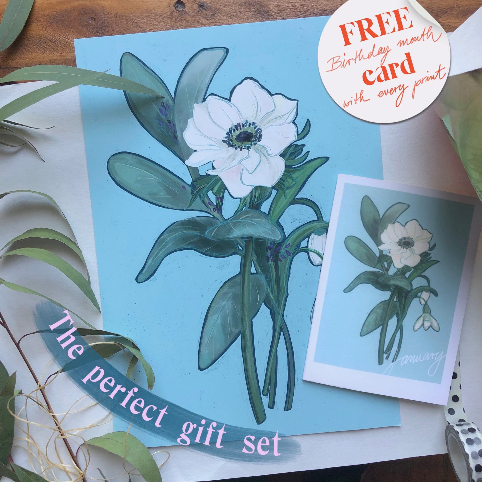 January Giclée Print & Gift Card Set Birthday Blooms Art Print