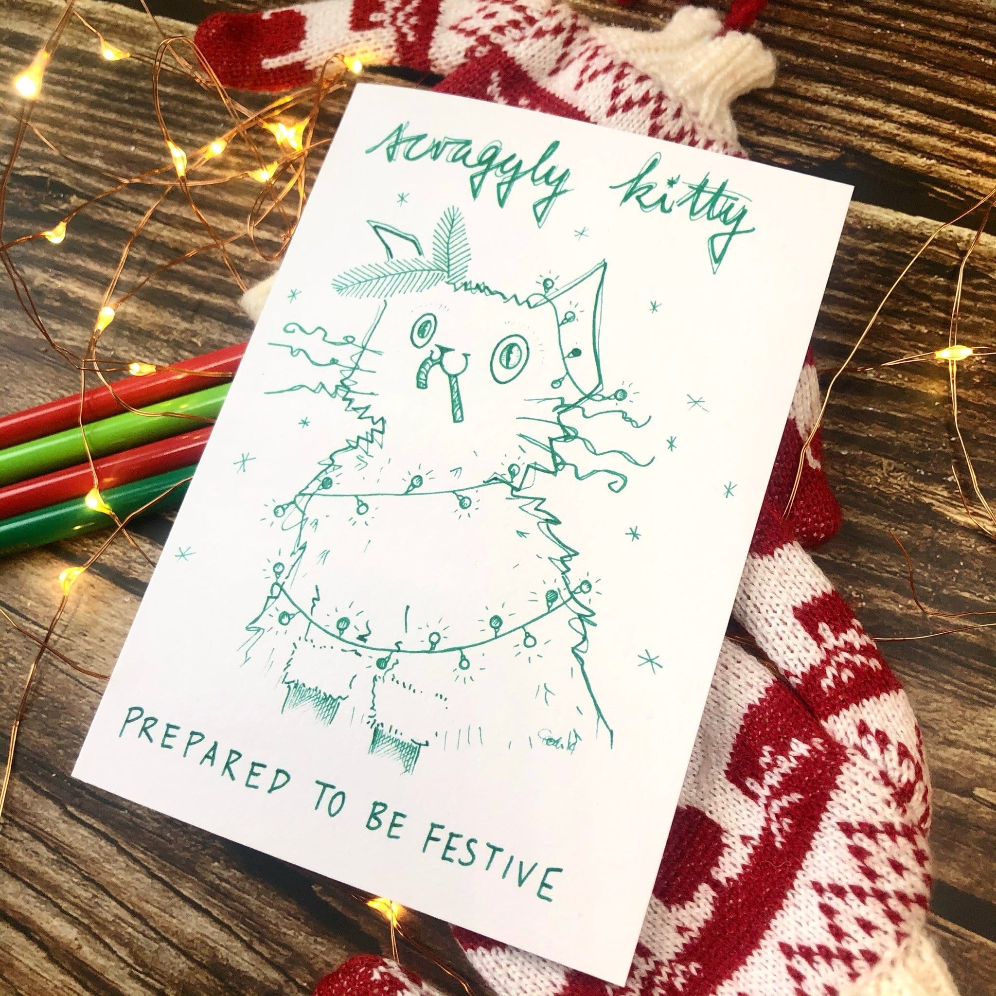 Scraggly Kitty Prepared To Be Festive Christmas Greeting Card Scraggly Kitty Greeting Cards Card