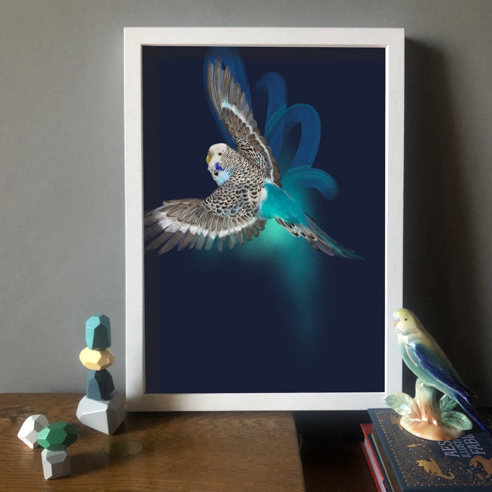 Budgerigar’s Midnight Adventure Art Print Night Flight Art Print