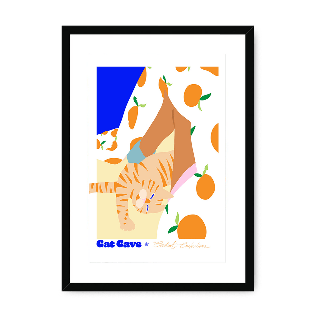 Content Contortions Framed Print Cat Cave Antics A3 (297 X 420 mm) / Black / White Mount Framed Print