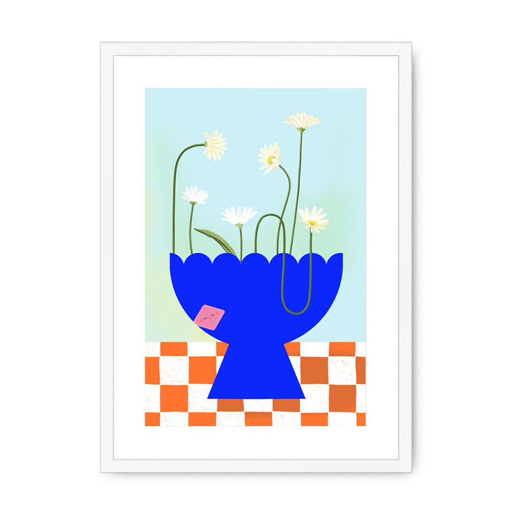 Daisies In Blue Framed Print Happy Stems A3 (297 X 420 mm) / White / White Mount Framed Print