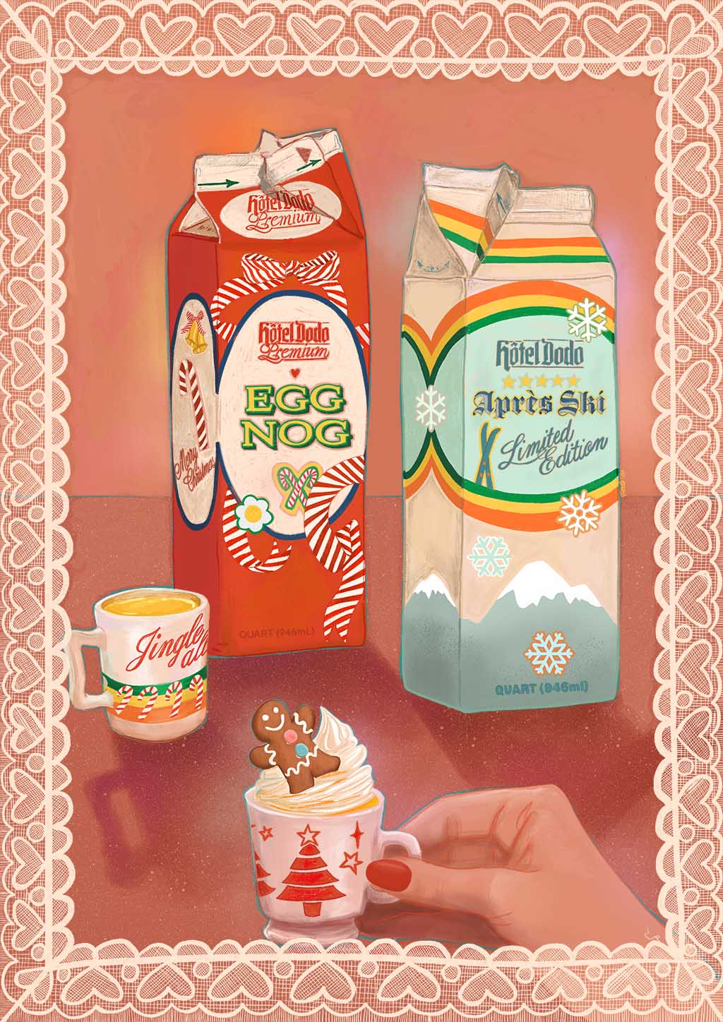 The Kitsch Kanaveral x Hôtel Dodo Noggin’ The Nog Giclée Art Print features festive cartons and mugs, including one with "Jingle," gingerbread cookies, and whipped cream—capturing the cozy charm of Hôtel Dodo’s holiday spirit.