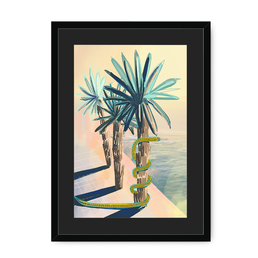 Poolside Promenade (with friendly snake) Framed Print Palmy Days A3 (297 X 420 mm) / Black / Black Mount Framed Print