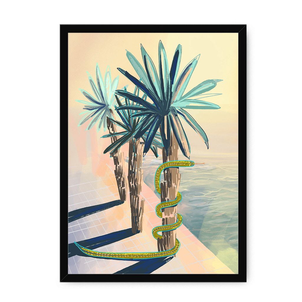Poolside Promenade (with friendly snake) Framed Print Palmy Days A3 (297 X 420 mm) / Black / No Mount (All Art) Framed Print