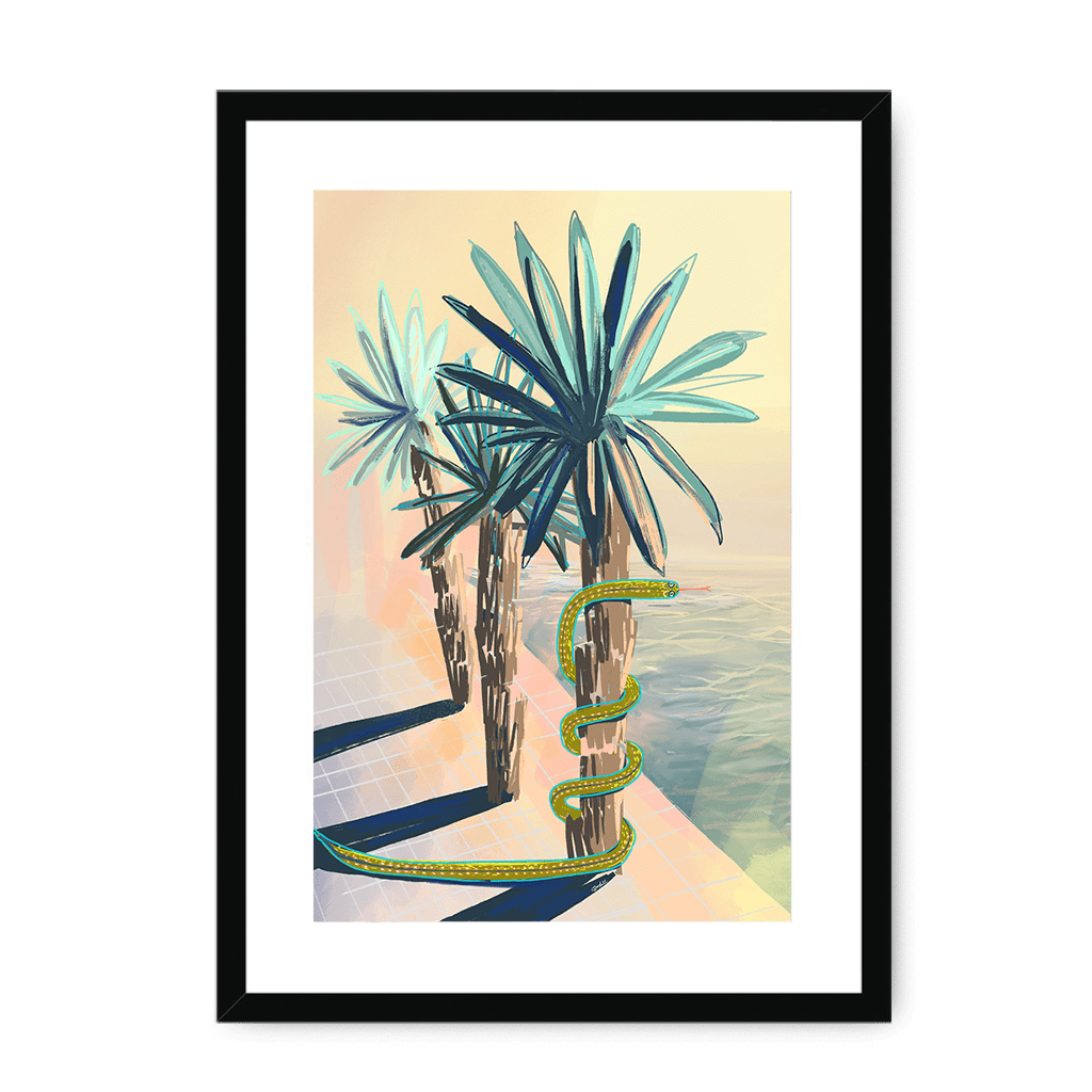Poolside Promenade (with friendly snake) Framed Print Palmy Days A3 (297 X 420 mm) / Black / White Mount Framed Print