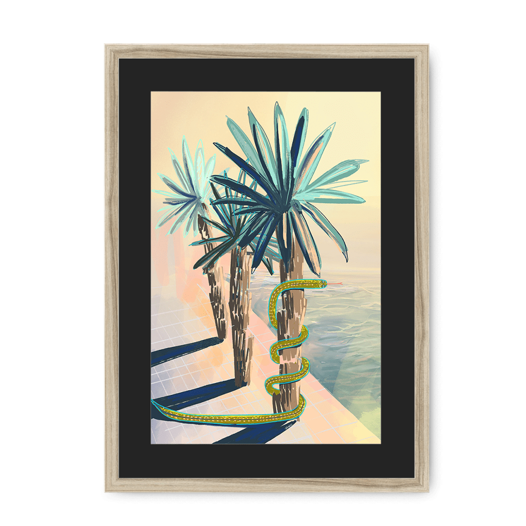 Poolside Promenade (with friendly snake) Framed Print Palmy Days A3 (297 X 420 mm) / Natural / Black Mount Framed Print
