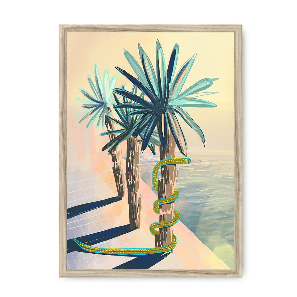 Poolside Promenade (with friendly snake) Framed Print Palmy Days A3 (297 X 420 mm) / Natural / No Mount (All Art) Framed Print