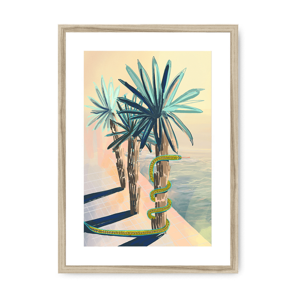 Poolside Promenade (with friendly snake) Framed Print Palmy Days A3 (297 X 420 mm) / Natural / White Mount Framed Print