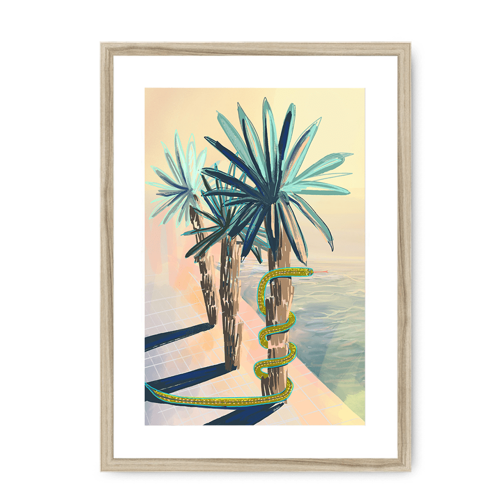 Poolside Promenade (with friendly snake) Framed Print Palmy Days A3 (297 X 420 mm) / Natural / White Mount Framed Print