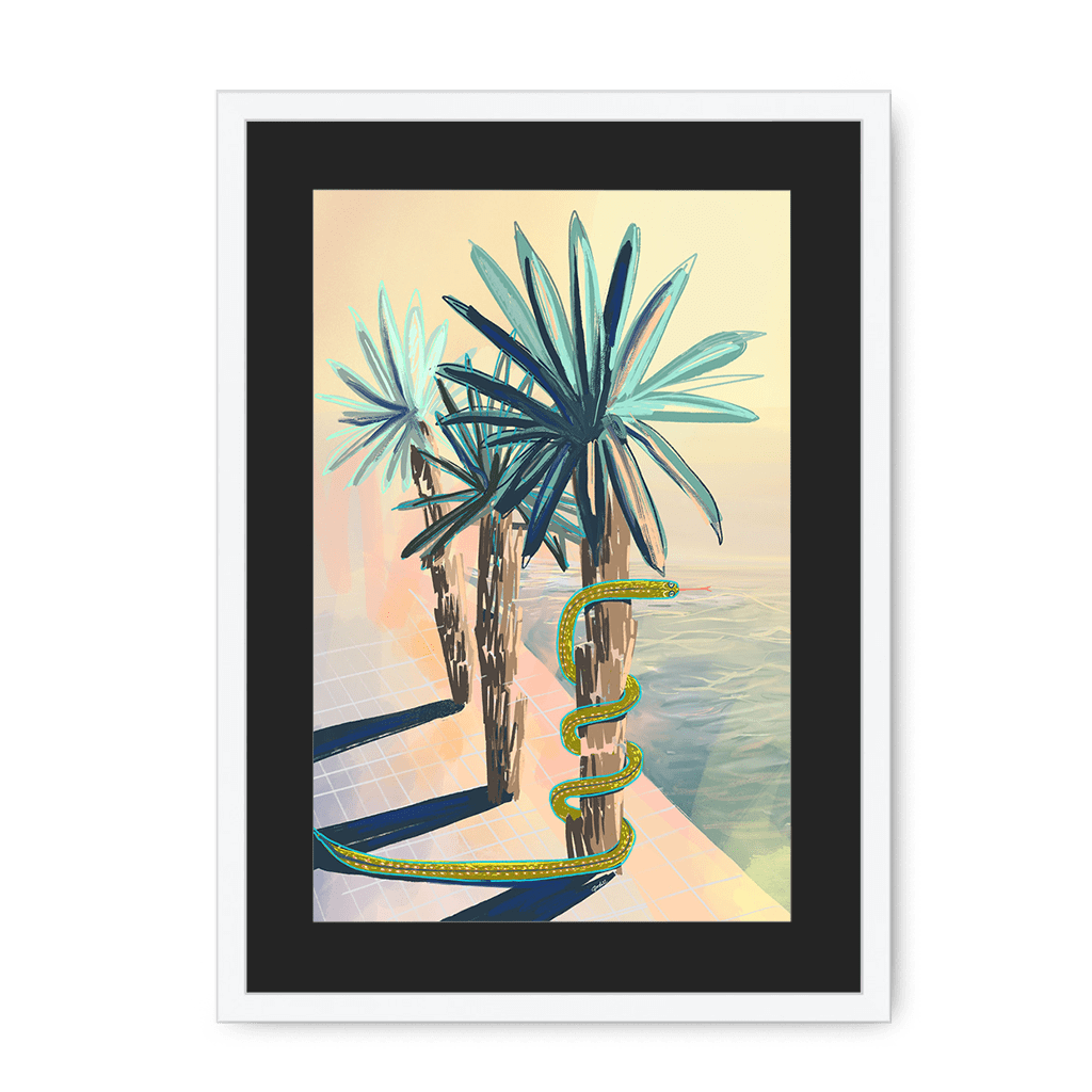 Poolside Promenade (with friendly snake) Framed Print Palmy Days A3 (297 X 420 mm) / White / Black Mount Framed Print