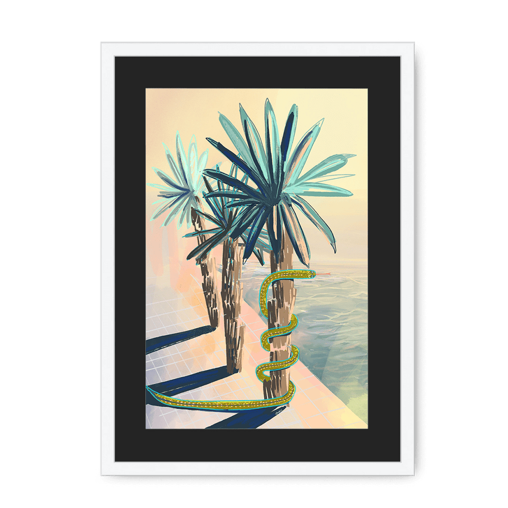 Poolside Promenade (with friendly snake) Framed Print Palmy Days A3 (297 X 420 mm) / White / Black Mount Framed Print