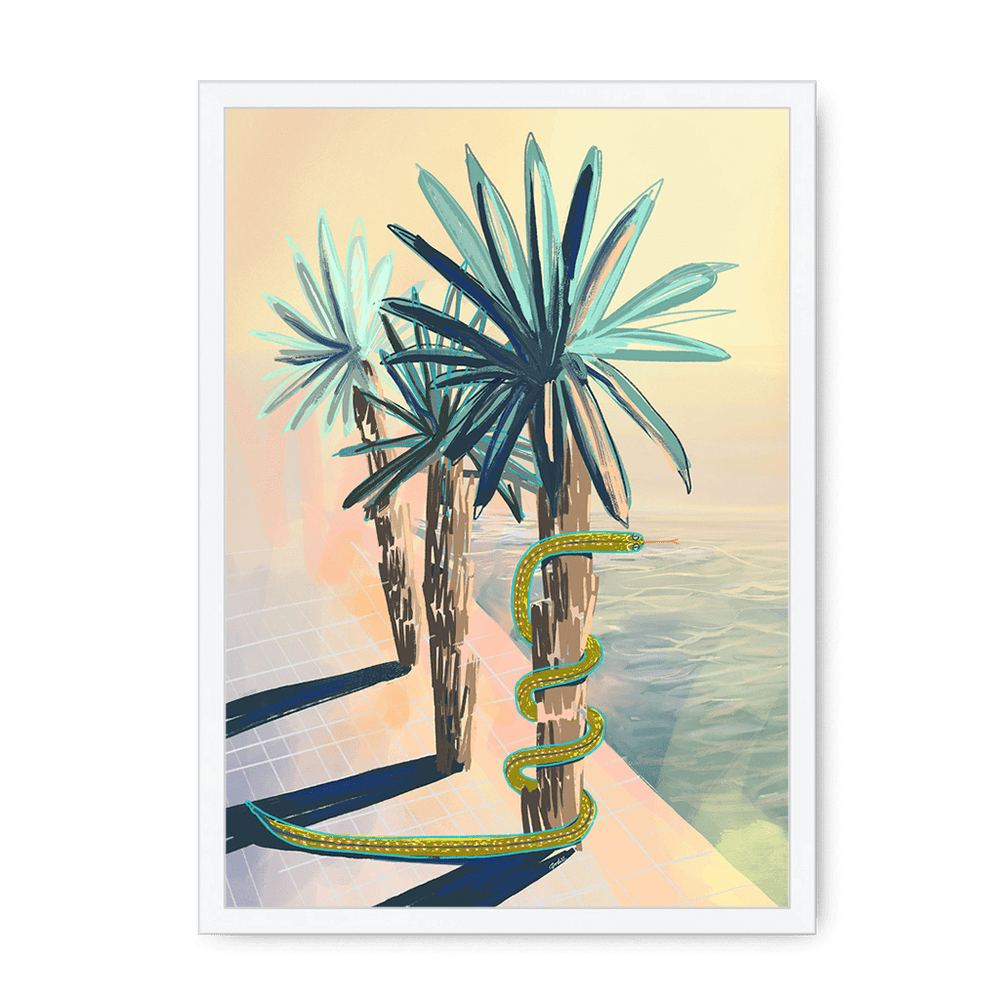 Poolside Promenade (with friendly snake) Framed Print Palmy Days A3 (297 X 420 mm) / White / No Mount (All Art) Framed Print