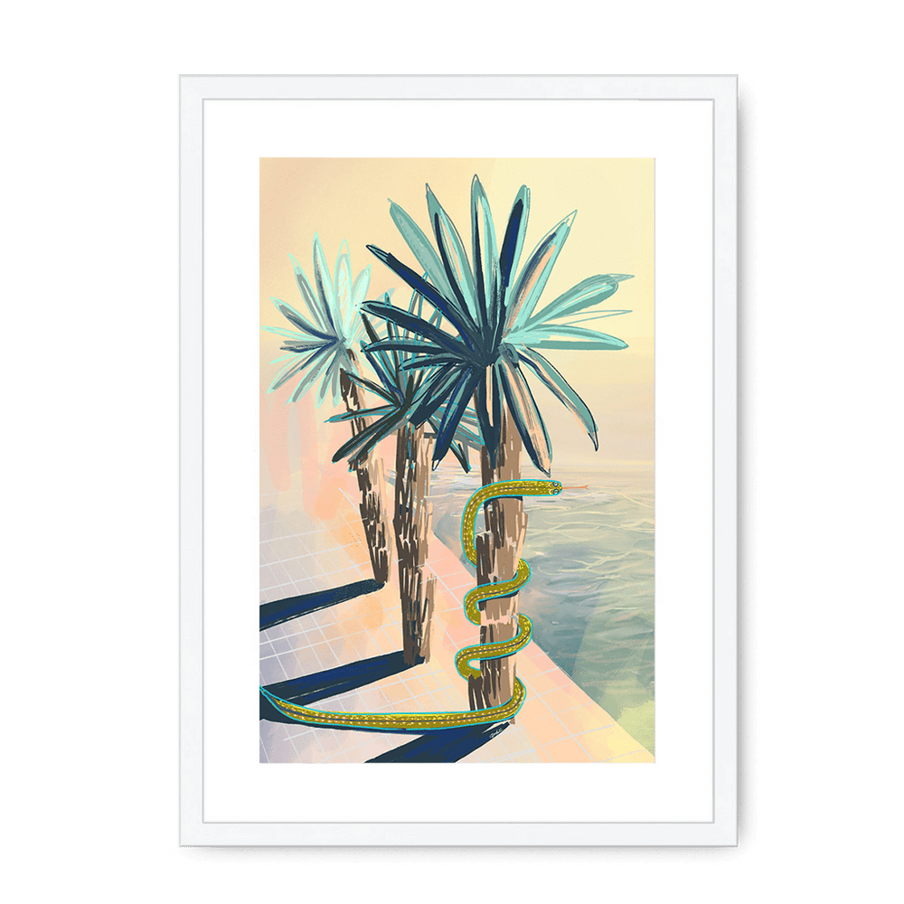 Poolside Promenade (with friendly snake) Framed Print Palmy Days A3 (297 X 420 mm) / White / White Mount Framed Print