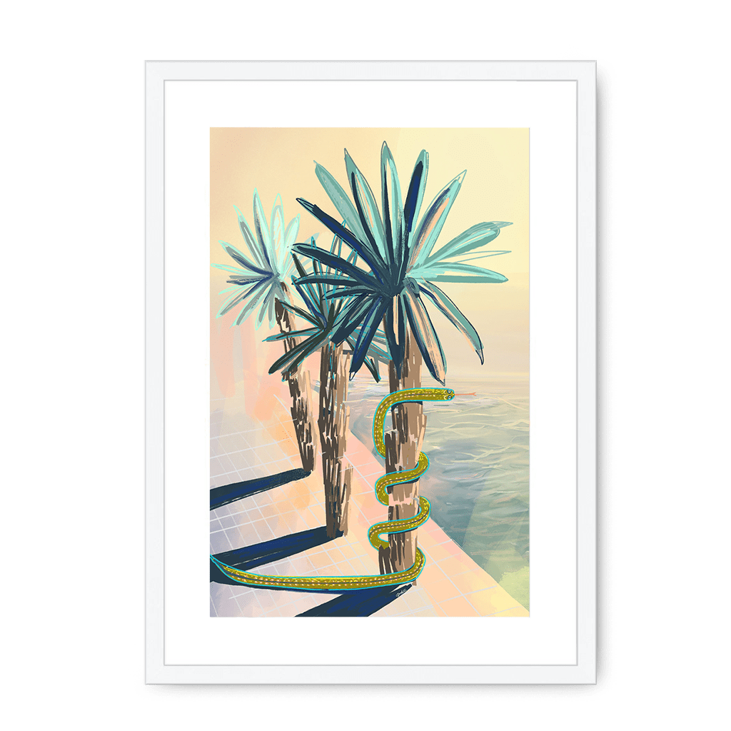 Poolside Promenade (with friendly snake) Framed Print Palmy Days A3 (297 X 420 mm) / White / White Mount Framed Print