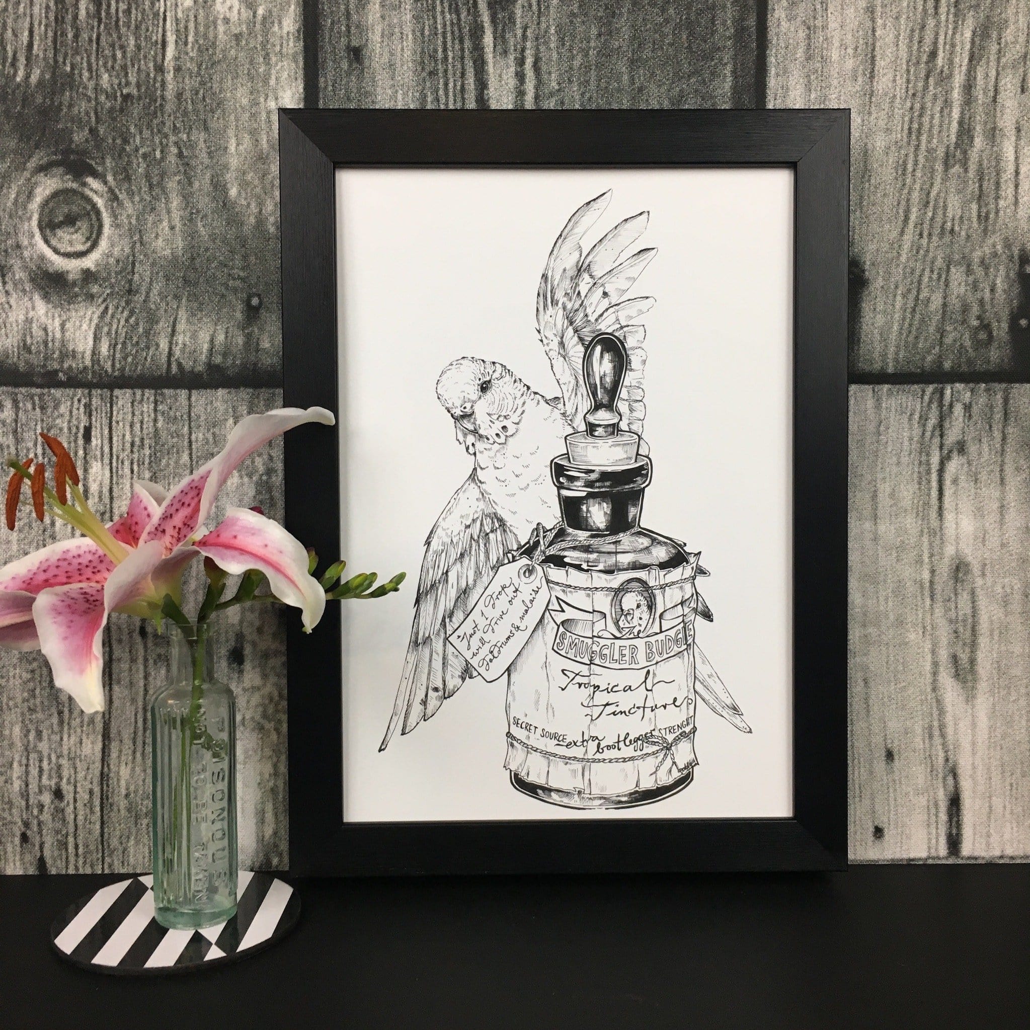 Smuggler Budgie Tropical Tincture Matte Art Print Potion & Poison Bottles Art Print