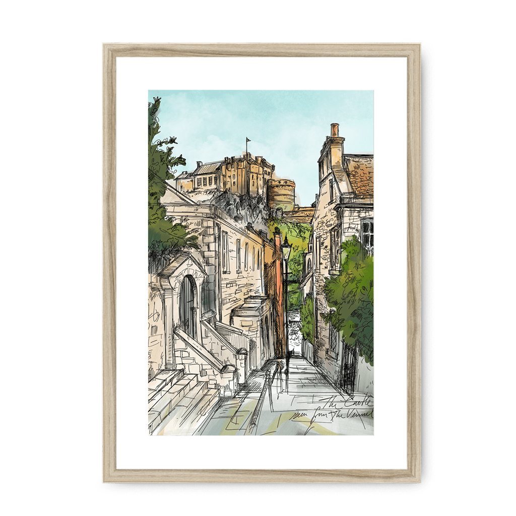 The Castle Viewed From The Vennel Framed Print Essential Edinburgh A3 (297 X 420 mm) / Natural / White Mount Framed Print