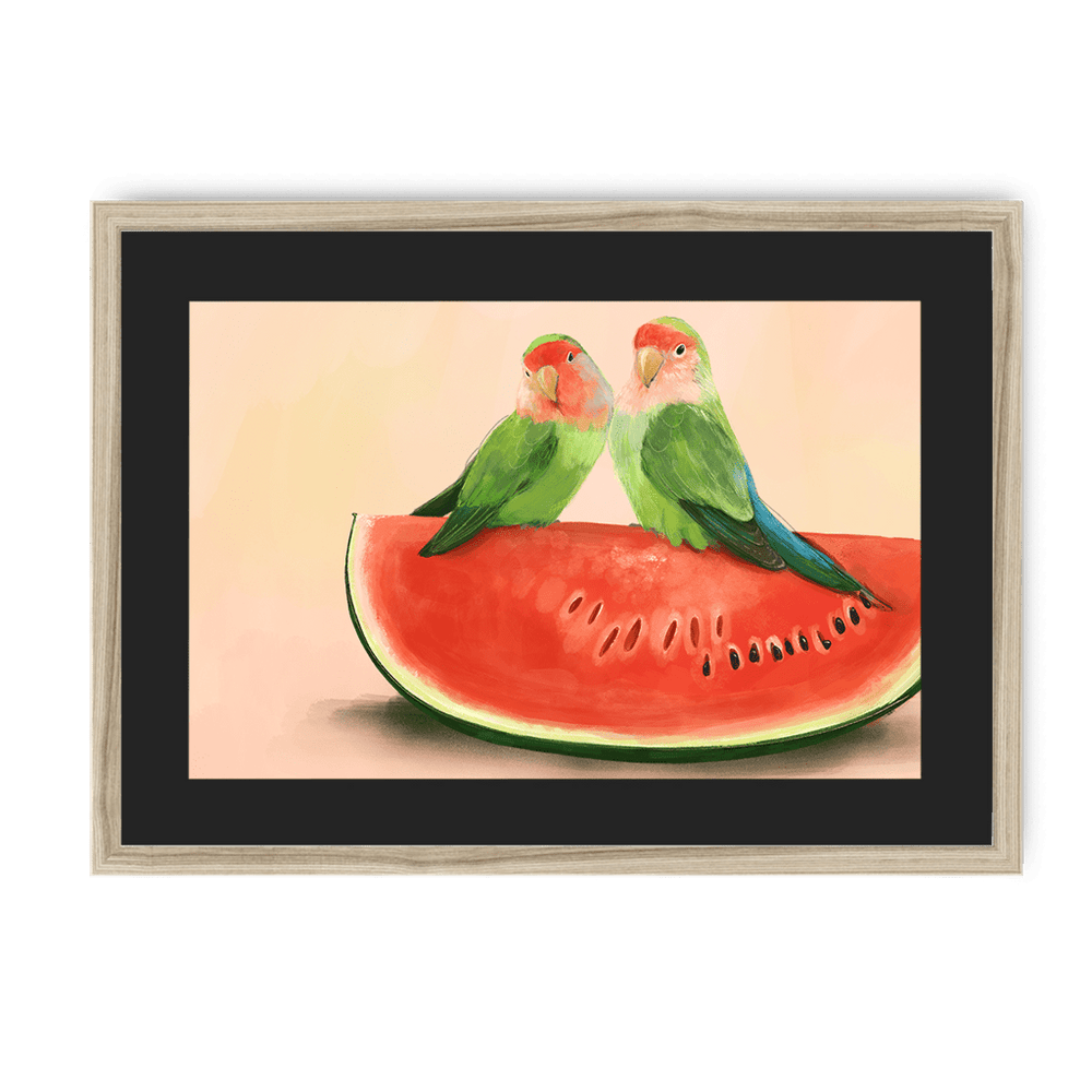 Watermelon Lovebirds Framed Print The Gathering A3 (297 X 420 mm) / Natural / Black Mount Framed Print