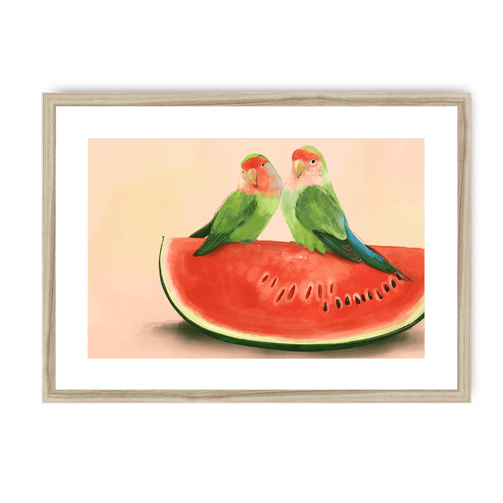 Watermelon Lovebirds Framed Print The Gathering A3 (297 X 420 mm) / Natural / White Mount Framed Print