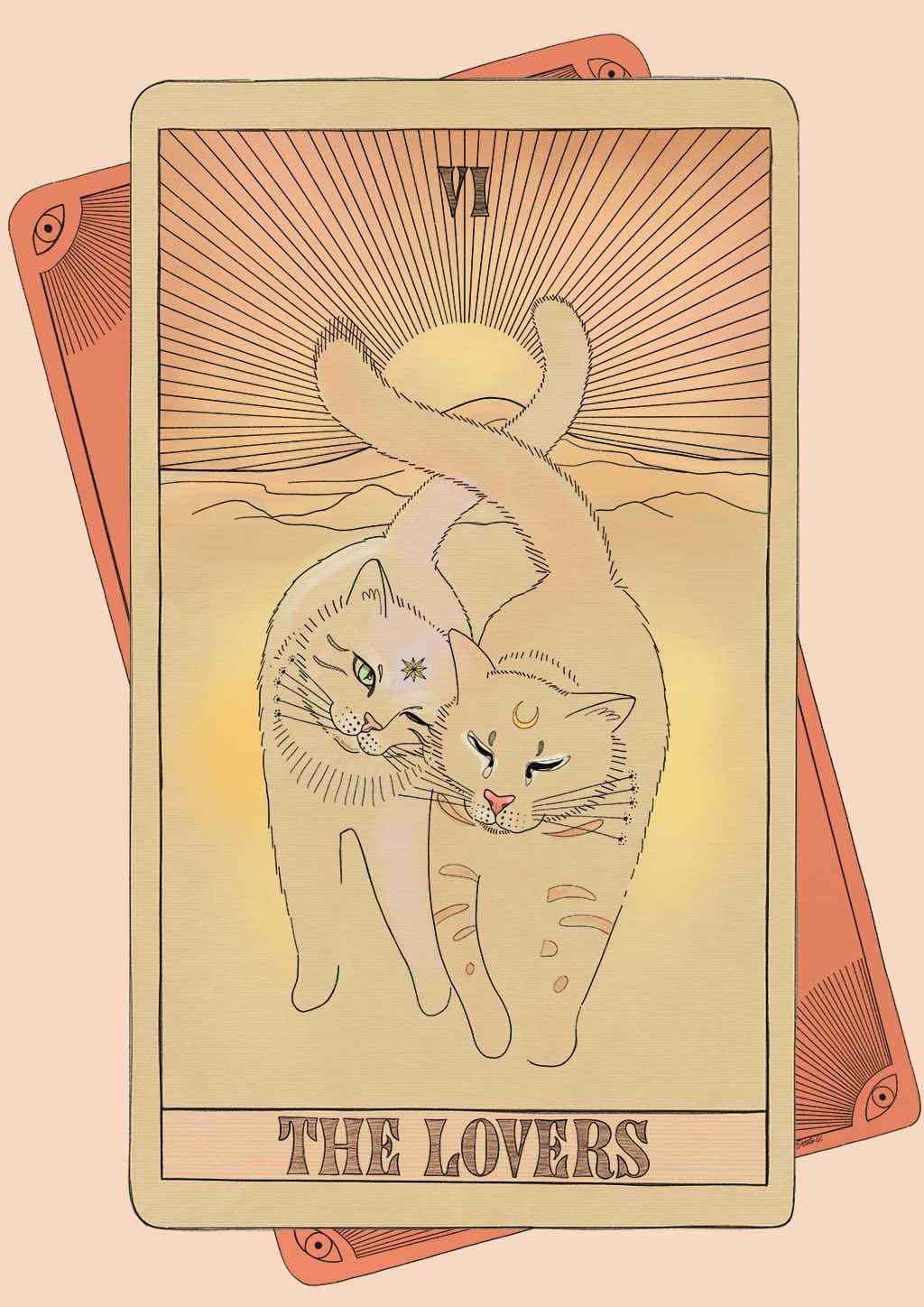The Lovers Matte Art Print by Tarot Cats depicts two cats nuzzling under a radiant sun with intertwining tails in a desert scene—ideal for fans of vintage tarot illustrations and Tarot Cats art.